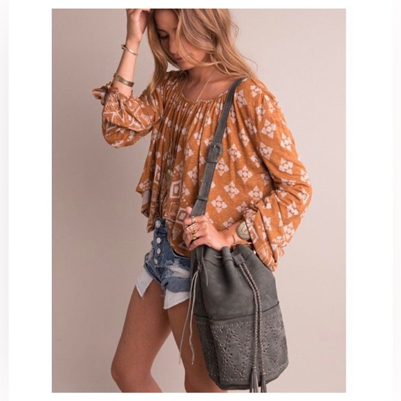 🍂Free People Dazed Swing Long Sleeve Crop Top Women’s Small Brown/Tobacco Boho - Picture 3 of 17